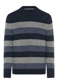 Maglione a maglia con strisce orizzontali in blu scuro, grigio chiaro e blu navy. Collo rotondo, polsini e orlo a costine, tessuto testurizzato con punti colorati.
