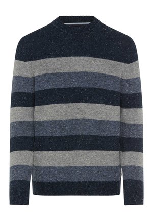 Strickpullover mit horizontalen Streifen in Dunkelblau, Hellgrau und Marineblau. Runder Ausschnitt, gerippte Bündchen und Saum, strukturierter Stoff mit Flocken.