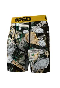 Calzoncillos tipo boxer con un diseño en negro, verde y dorado que presenta patrones de dinero, relojes y joyas. El material es elástico y cuenta con una cinturilla amarilla.