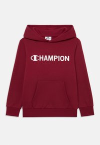 Felpa con cappuccio bordeaux in misto cotone. Presenta un grande logo bianco "CHAMPION", tasca a canguro sulla parte anteriore e polsini a coste.