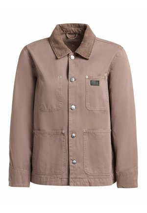 Brun jakke med manchet i kordfløjl, fire forlommer og fem sølvfarvede trykknapper ned foran.