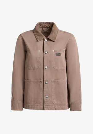 Brun jakke med manchet i kordfløjl, fire forlommer og fem sølvfarvede trykknapper ned foran.