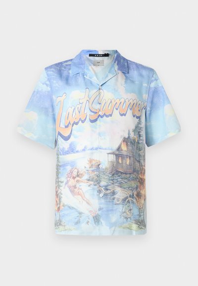 Short-sleeve button-up shirt featuring a blue and pastel landscape print with "Last Summer" text, depicting water and a cabin.