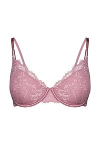 Biustonosz w jasnoróżowym kolorze, ozdobiony koronką, z usztywnianymi miseczkami, regulowanymi satynowymi ramiączkami oraz detalami z kwiatowym wzorem, wyposażony w fiszbiny.