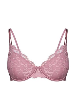 Biustonosz w jasnoróżowym kolorze, ozdobiony koronką, z usztywnianymi miseczkami, regulowanymi satynowymi ramiączkami oraz detalami z kwiatowym wzorem, wyposażony w fiszbiny.