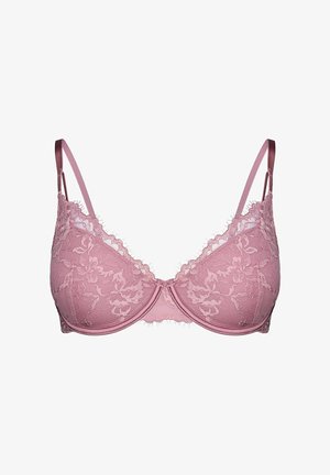 Biustonosz w jasnoróżowym kolorze, ozdobiony koronką, z usztywnianymi miseczkami, regulowanymi satynowymi ramiączkami oraz detalami z kwiatowym wzorem, wyposażony w fiszbiny.