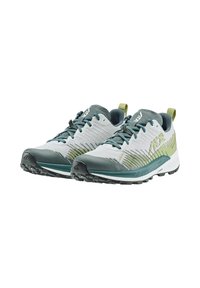 Scarpe da trail running leggere con tomaia grigia, dettagli verdi, mesh testurizzato e suola nera robusta per una buona aderenza.