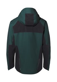 Dunkelgrüne und schwarze Outdoorjacke mit Kapuze, langen Ärmeln und kontrastierenden Farbfeldern, Rückansicht.