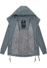Szara kurtka z kapturem i podszewką z polaru, z wewnętrznym materiałem w kwiatowy wzór, elastycznymi mankietami oraz regulacją sznurkiem u dołu.