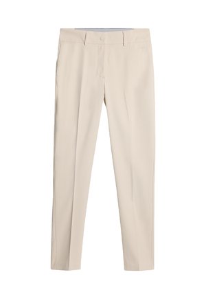 Beige maßgeschneiderte Hose mit glatter Textur, geraden Beinen, einem Knopf- und Reißverschluss sowie Gürtelschlaufen. Keine sichtbaren Muster oder Verzierungen.