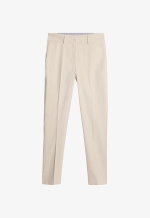 Beige op maat gemaakte broeken met een gladde textuur, rechte pijpen, een knoop- en ritssluiting, en riemlussen. Geen zichtbare patronen of versieringen.