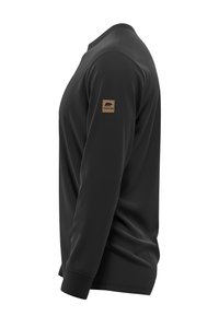 Zwarte longsleeve sweatshirt met een ronde halslijn, ribgebreide manchetten en een vierkante bruine leren patch met een logo op de linkerschouder.
