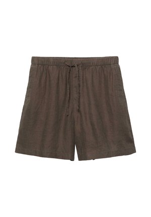 Barna, kényelmes szabású rövidnadrág elasztikus derékpánttal és állítható húzózsinórral, könnyű anyagból készült.