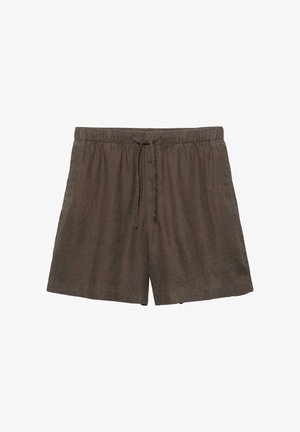 Barna, kényelmes szabású rövidnadrág elasztikus derékpánttal és állítható húzózsinórral, könnyű anyagból készült.