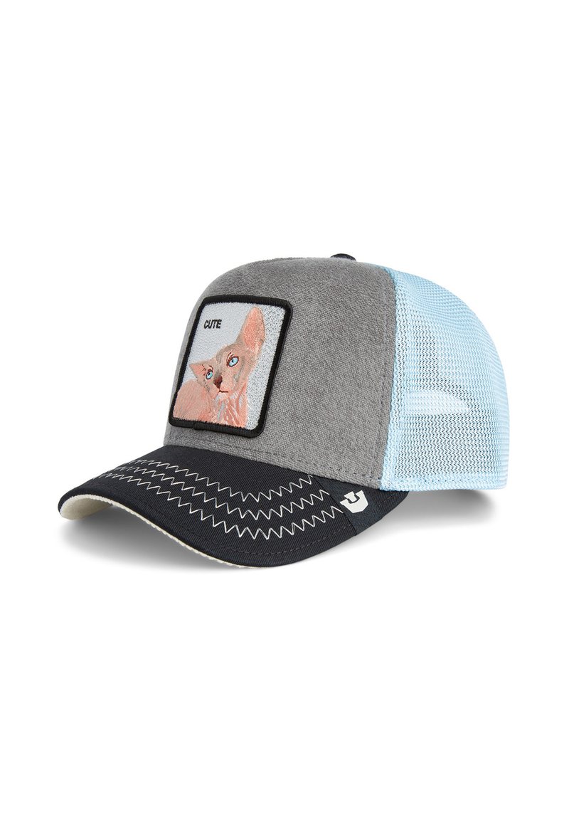 Casquette en mesh grise et bleue avec un patch brodé de chat, portant le texte "CUTE". Visière noire incurvée avec des coutures en zigzag. Arrière réglable.