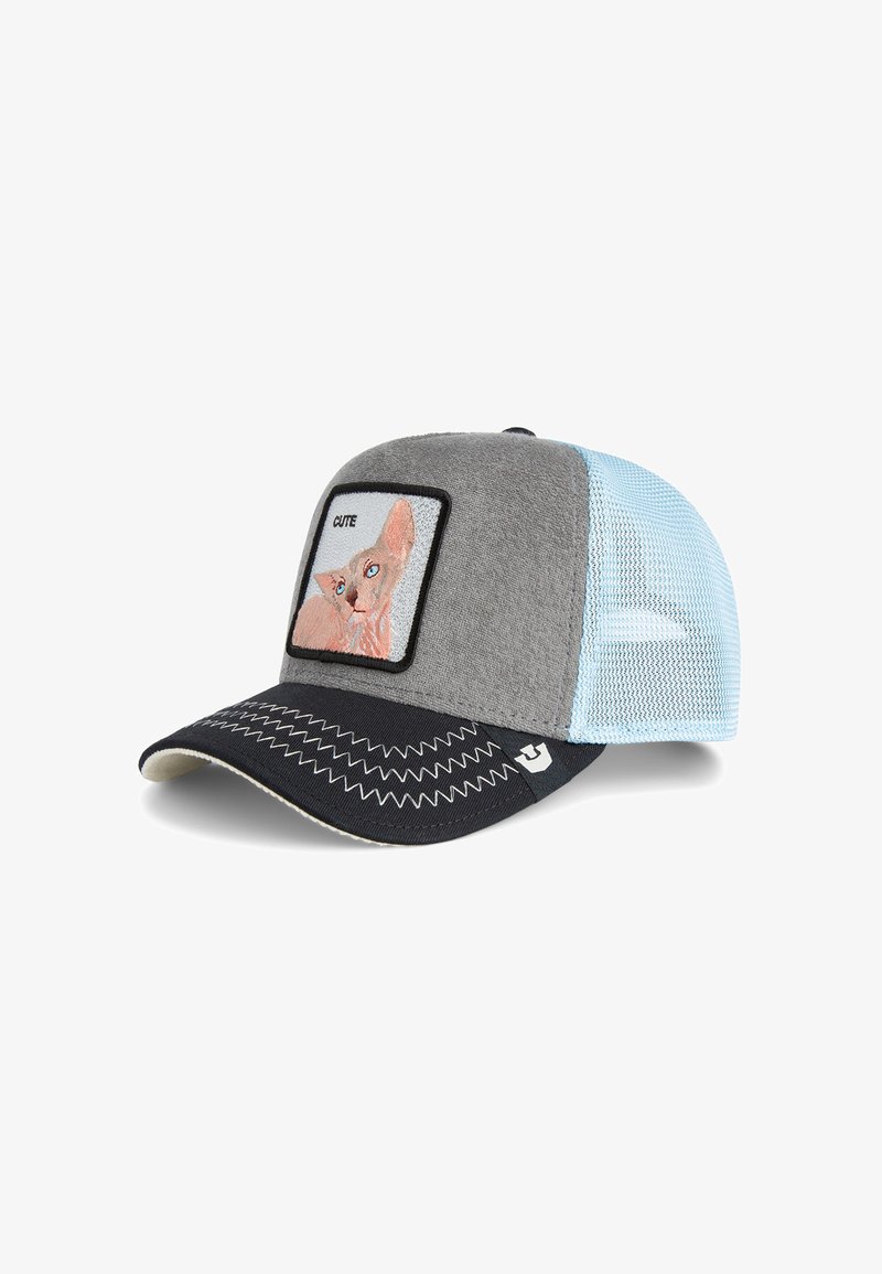 Gray and blue mesh cap with an embroidered cat patch, featuring "CUTE" text. Curved black visor with zigzag stitching. Adjustable back.