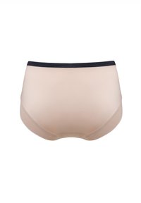 Beżowa bielizna o gładkiej fakturze, z wysokimi wycięciami na nogawki i czarnym elastycznym pasem. Brak widocznych wzorów lub detali metalowych.