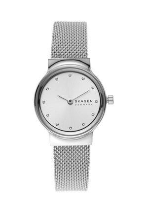 Silver Skagen Denmark wristwatch with minimalist white face, crystal hour markers, slender hands, and stainless steel mesh band.
