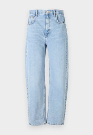 Lichtblauwe denim jeans met een rechte pasvorm, hoge taille en vijf-pocket styling. Bevat subtiele vervaging en contrasterende stikdetails.