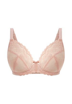 Soutien-gorge en dentelle rose doux avec motifs floraux. Présente des bords festonnés, des accents en satin et des bretelles réglables pour le soutien. Forme multidirectionnelle.