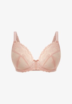 Spitzen-BH in zartem Rosa mit floralen Mustern. Mit gezackten Rändern, Satin-Akzenten und verstellbaren Trägern für Halt. Mehrdimensionale Form.