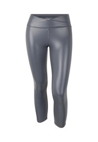 Leggings grises de talle alto hechos de material brillante y elástico. Presentan una textura suave y un diseño ajustado que se estrecha en los tobillos.