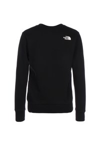 Sudadera negra de manga larga con puños y dobladillo acanalados, que presenta un pequeño logo blanco de The North Face en la parte superior derecha de la espalda.