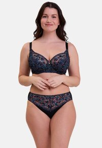 Soutien-gorge noir et culotte assortie avec des détails en dentelle florale complexe en bleu, violet et rose. Bretelles ajustables et soutien-gorge avec armatures.