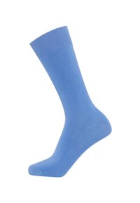 Light blue cotton sock with ribbed cuff, smooth texture, and traditional crew length design. Ideal for everyday wear.