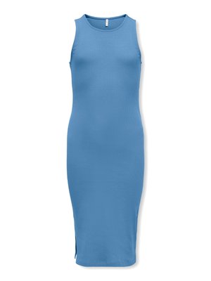 Sleeveless, ribbed midi dress in solid blue with a round neckline and a small side slit at the hem.