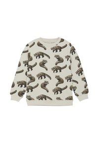Lichtbeige sweatshirt met een herhalend patroon van wasberen in bruintinten. Zachte stof met ribgebreide halslijn, mouwen en onderrand.