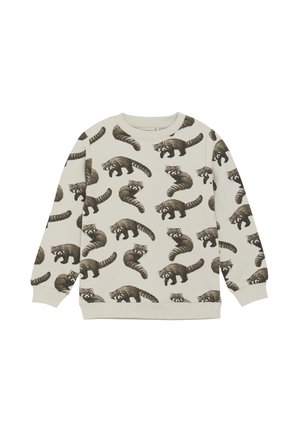 Jasnobeżowy sweatshirt z powtarzającym się wzorem szopa pracza w odcieniach brązu. Miękka tkanina z prążkowanym dekoltem, mankietami i hemem.