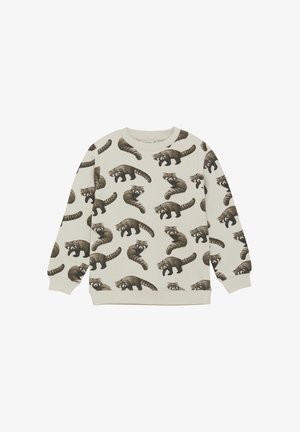 Light beige sweatshirt featuring a repeating raccoon pattern in shades of brown. Soft fabric with ribbed neck, cuffs, and hem.