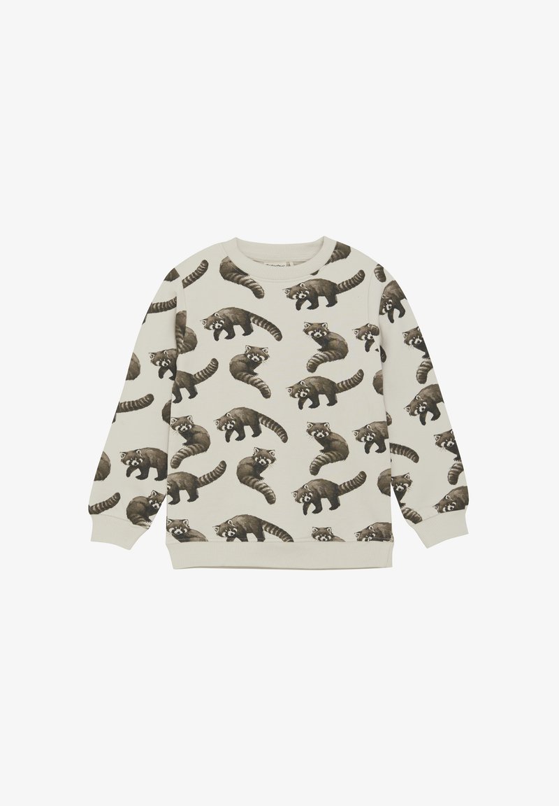 Lichtbeige sweatshirt met een herhalend patroon van wasberen in bruintinten. Zachte stof met ribgebreide halslijn, mouwen en onderrand.