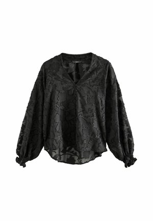 Schwarze Bluse mit floralem Texturmuster, lockere Passform, tiefer V-Ausschnitt, Knopfverschluss und gerafften Ärmeln. Durchsichtiger Stoff über opakem Futter.