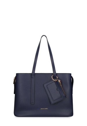 Navy blue leather tote bag with long handles, attached cardholder, and gold-tone zipper detail, branded "pierre cardin" in gold lettering.