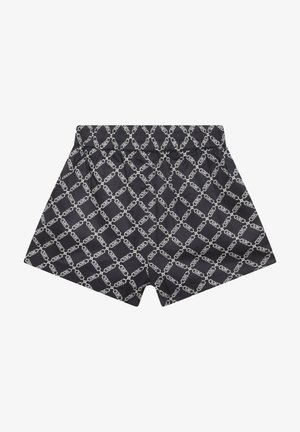 Sorte stofshorts med et helhvidt mønster af kædeled, med elastisk talje og løstsiddende design.