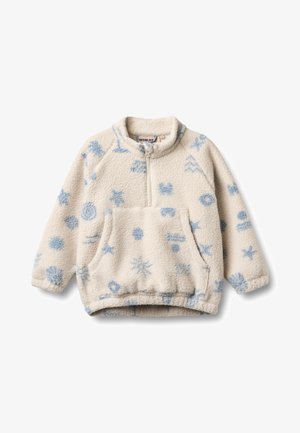 Pull en polaire couleur crème avec motifs abstraits bleus, demi-fermeture éclair à l'avant, col montant et poche kangourou à l'avant, étalé à plat sur fond blanc.
