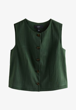 Gilet senza maniche verde scuro con bottoni, scollo rotondo e cinque bottoni marroni davanti.