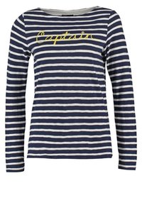 Langärmliges navyblaues und weiß gestreiftes Hemd mit gelber gestickter "Captain"-Aufschrift auf der Brust. Hergestellt aus weichem Baumwollstoff.