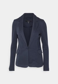 Navy blue structured blazer made from textured fabric, single-button closure, lapel collar, and two front pockets.