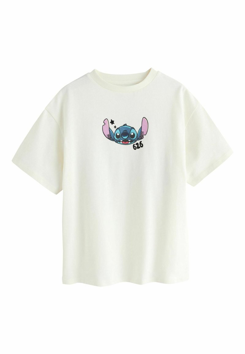 T-shirt en coton blanc à manches courtes arborant un graphisme coloré d'un personnage de dessin animé à la peau bleue et aux oreilles roses, numéroté "626".