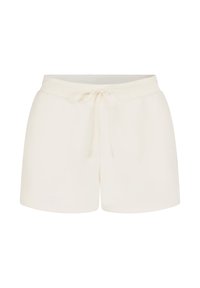 Crème-kleurige shorts gemaakt van zachte stof. Voorzien van een elastische tailleband met een trekkoord voor aanpassing. Vloeiende textuur, geen patronen.