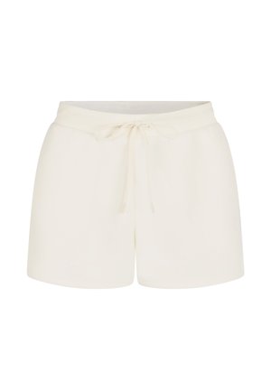 Crème-kleurige shorts gemaakt van zachte stof. Voorzien van een elastische tailleband met een trekkoord voor aanpassing. Vloeiende textuur, geen patronen.