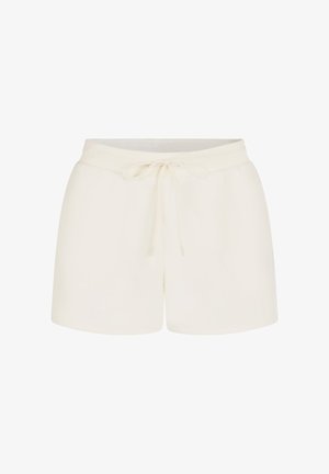 Crème-kleurige shorts gemaakt van zachte stof. Voorzien van een elastische tailleband met een trekkoord voor aanpassing. Vloeiende textuur, geen patronen.