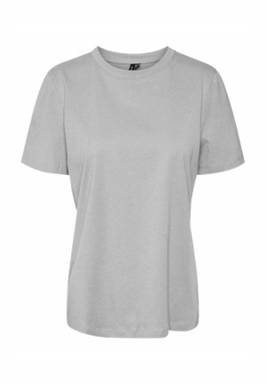 Pelēka īsām piedurknēm t-krekla izgatavots no mīksta kokvilnas auduma. Klasiska apaļa kakla izgriezuma un brīvs griezums bez rakstiem vai rotājumiem.