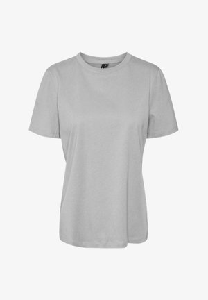 Pelēka īsām piedurknēm t-krekla izgatavots no mīksta kokvilnas auduma. Klasiska apaļa kakla izgriezuma un brīvs griezums bez rakstiem vai rotājumiem.