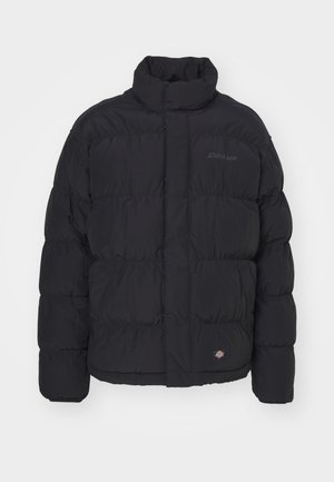 Veste doudoune noire avec un col montant, texture matelassée et fermeture éclair à l'avant. Présente un logo sur la poitrine et une petite étiquette sur l'ourlet.