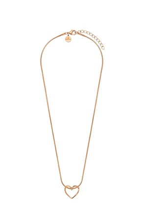 Delicate rose gold chain necklace with a heart-shaped pendant and an adjustable clasp featuring a small round branded tag.