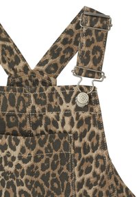 Leopard print overalls featuring adjustable straps, metal clasps, and a textured fabric in shades of brown and black.